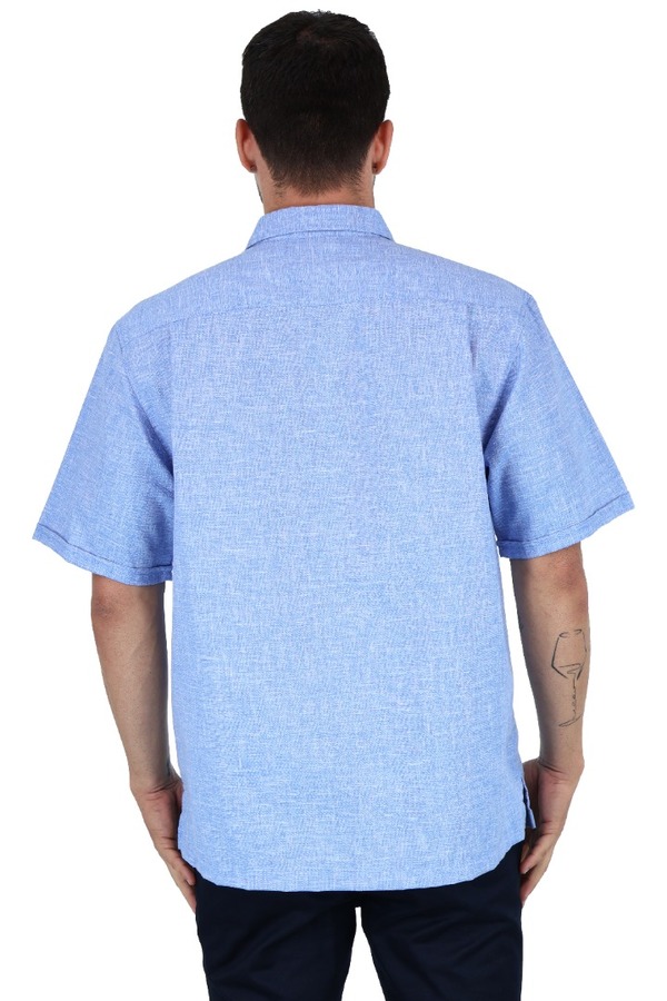 Guayamisa Manga Corta De Lino Azul Jaspe Con Alforza Para Hombre